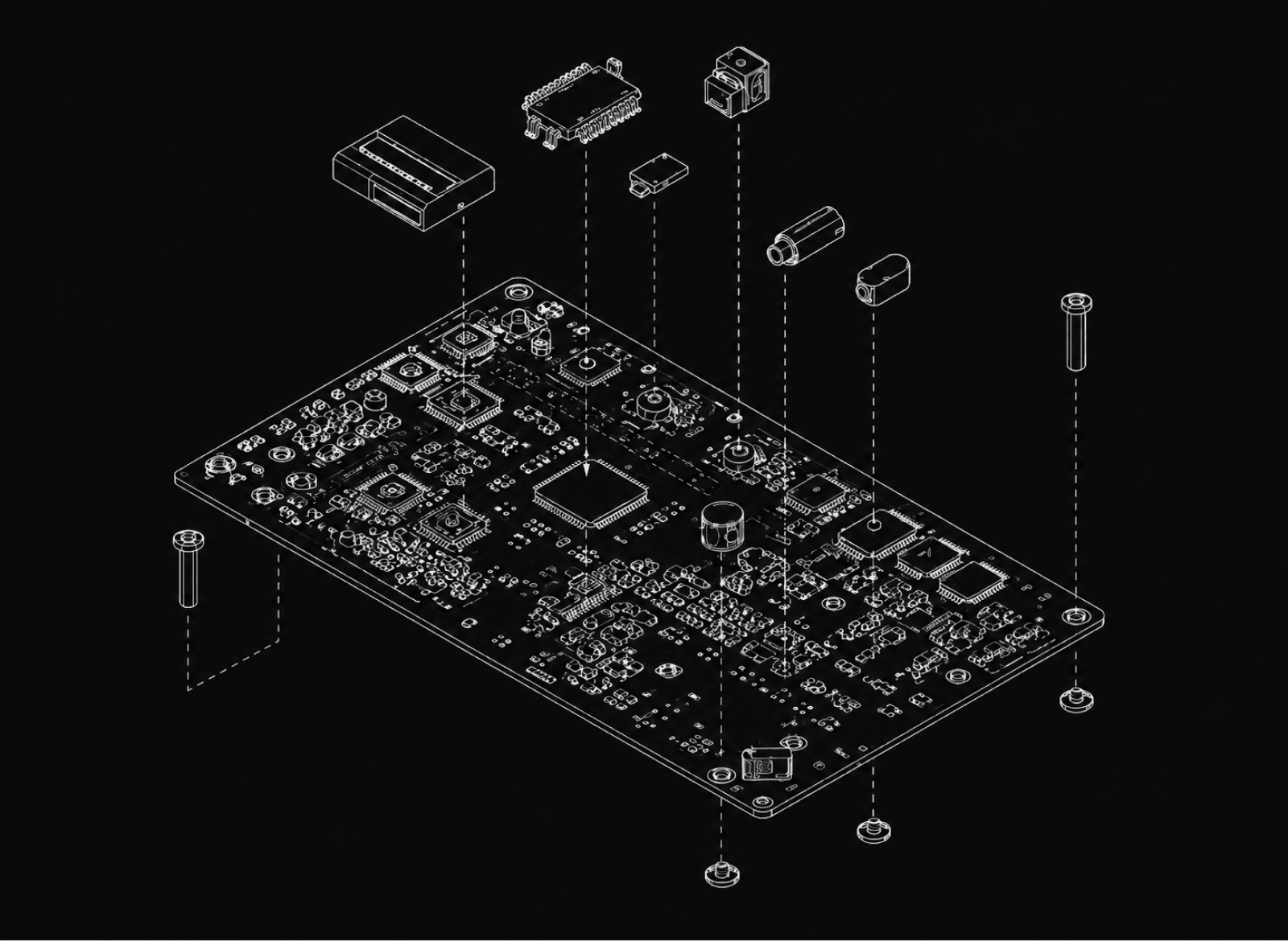 Exploded isometric blueprint of a circuit board and its components being assembled